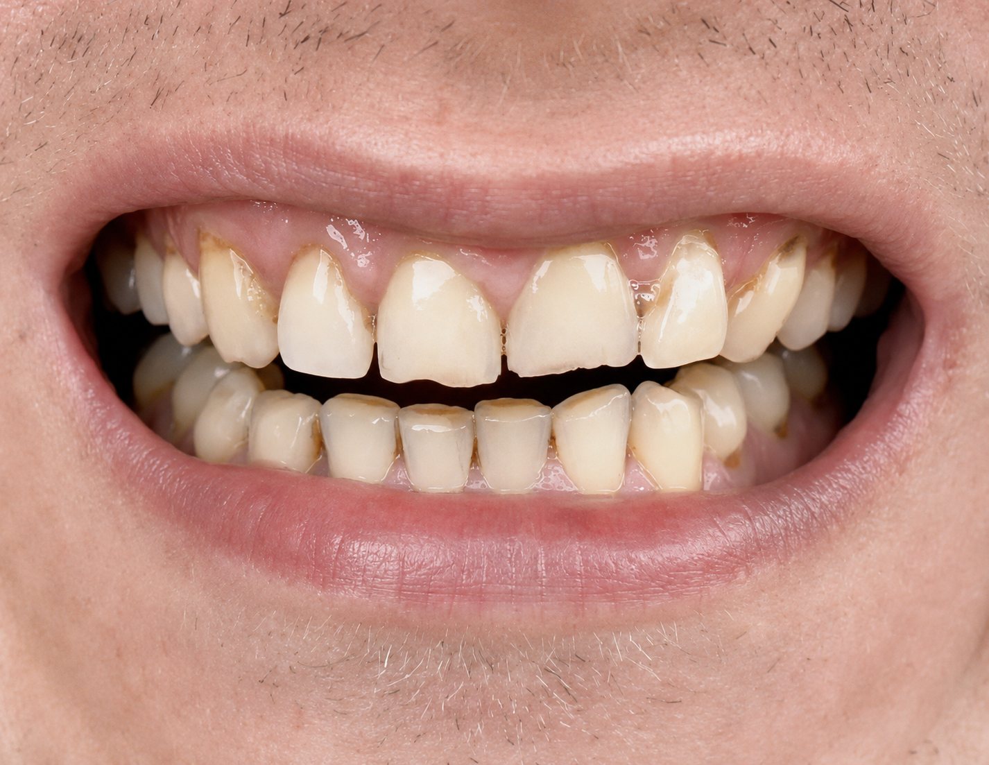 Homme montrant des dents abimées, usées et fissurées, avec une gencive enflammée. Signe de bruxisme.
