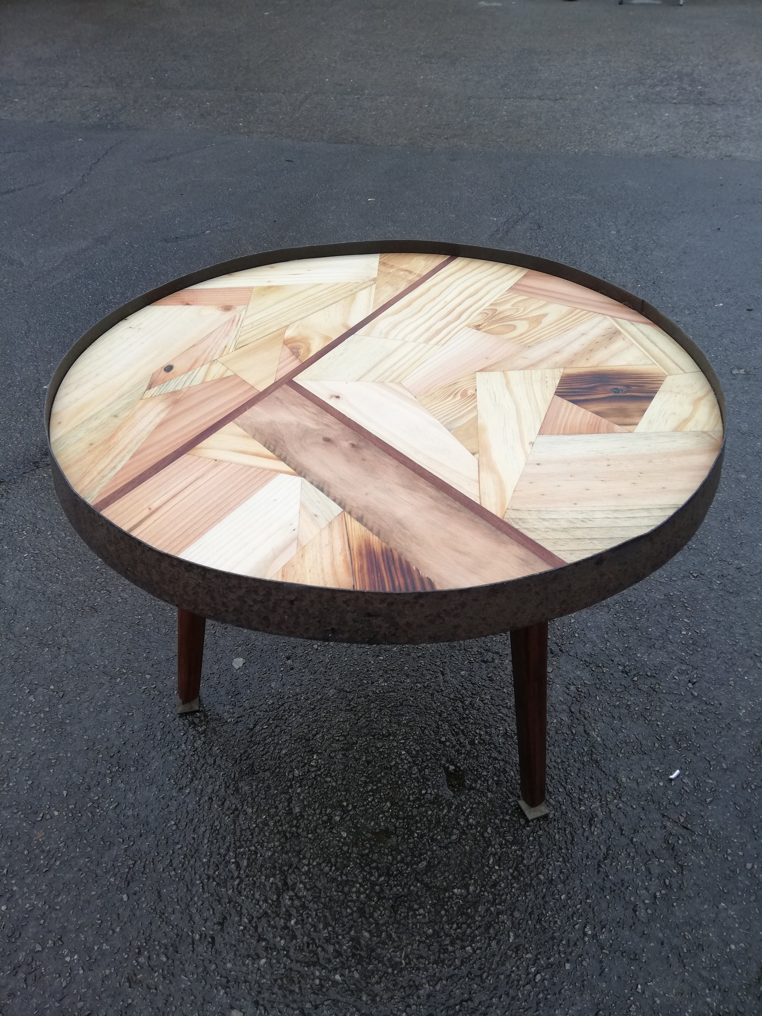Coffee Table - Pallet Top, Steel barrel strap, Reclaimed legs