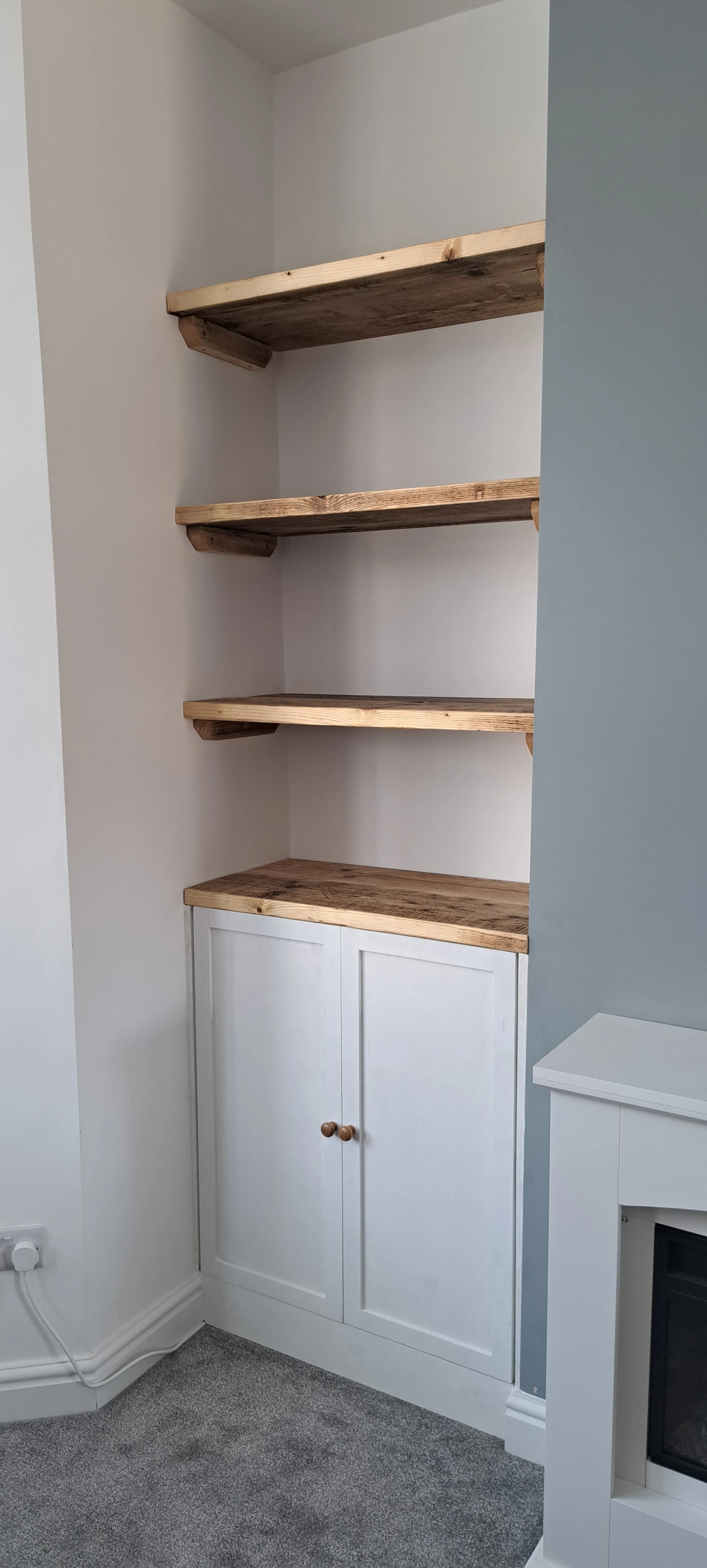 Built in Alcove cupboards & shelving. MDF and reclaimed Scaff boards 