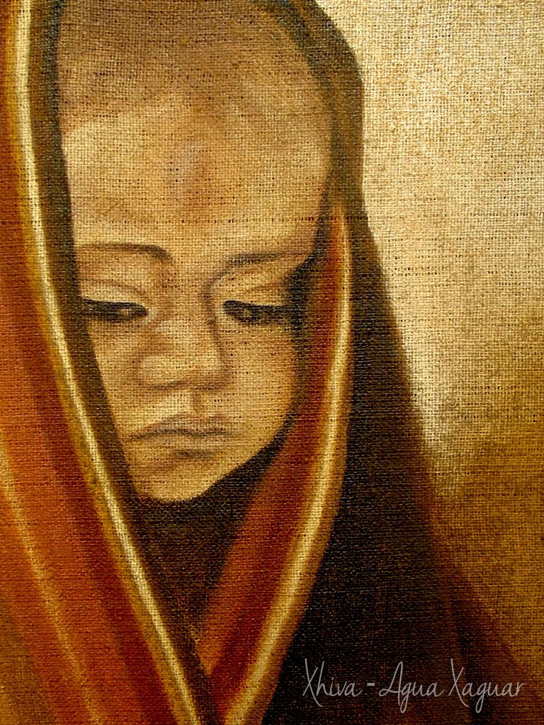 Painting of a child with eyes closed, wrapped in a striped red and gold shawl, on textured canvas.