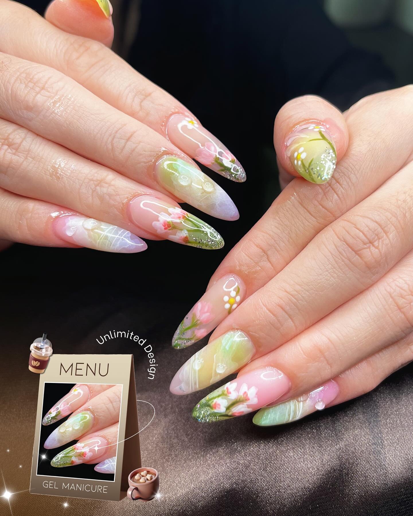 🌸💅 Spring vibes on your fingertips!
This dreamy gel manicure blends soft greens and pinks with delicate floral details for a fresh, feminine look. Unlimited design, endless compliments 🌿✨

📍Book now and let your nails bloom!