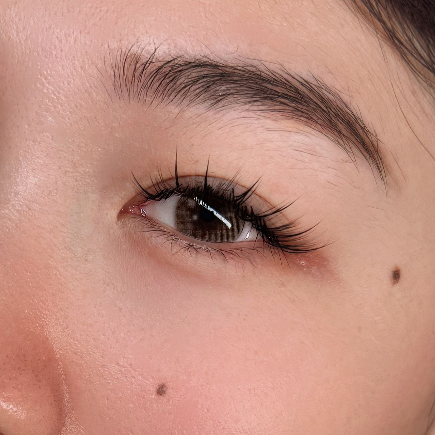Close-up of a person's eye with brown iris and long curled eyelashes, with visible skin texture, eyebrow, and small moles or freckles nearby.