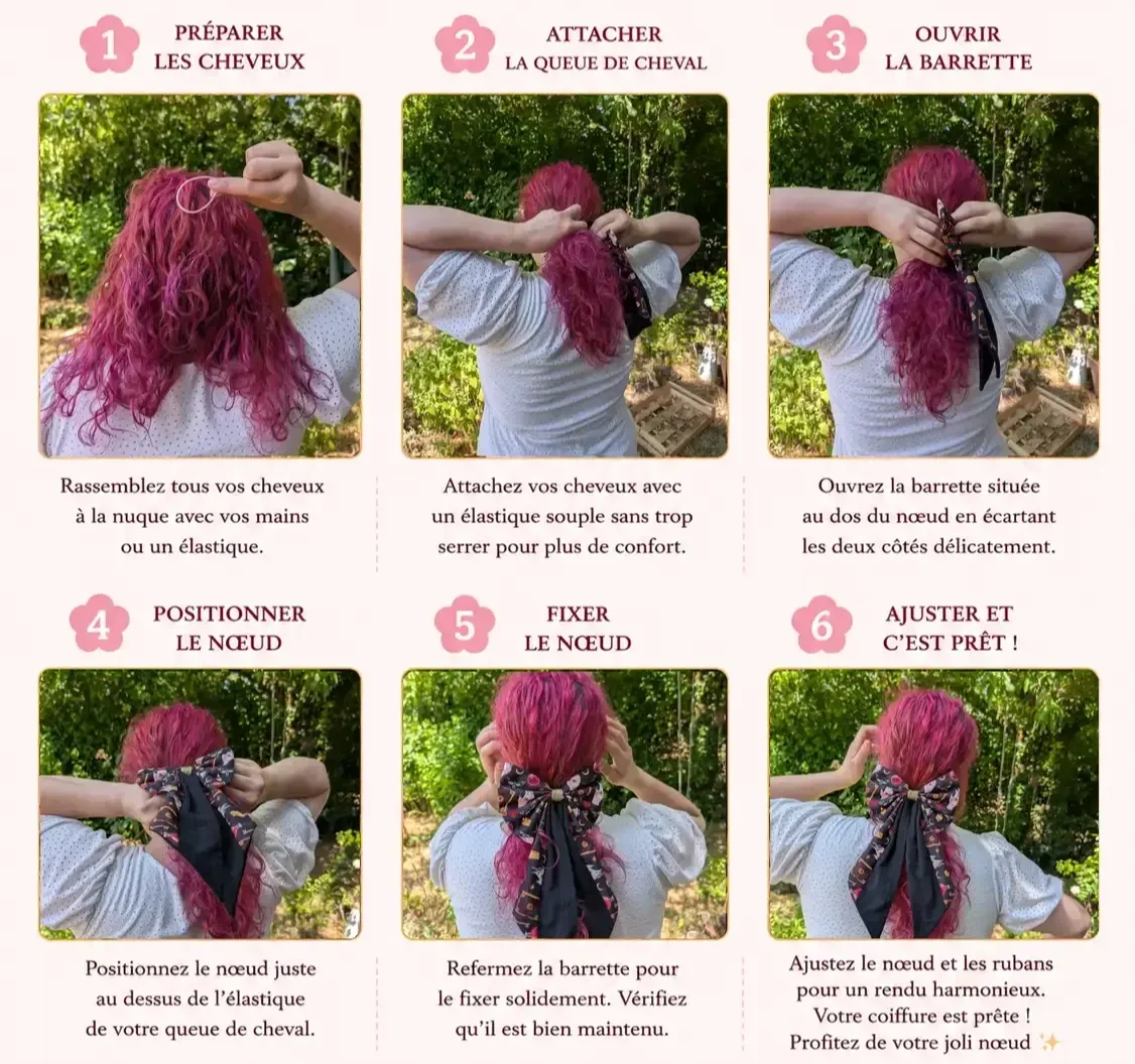 Tutoriel en 6 étapes pour positionner et fixer une barrette nœud pour cheveux sur une queue de cheval basse.
