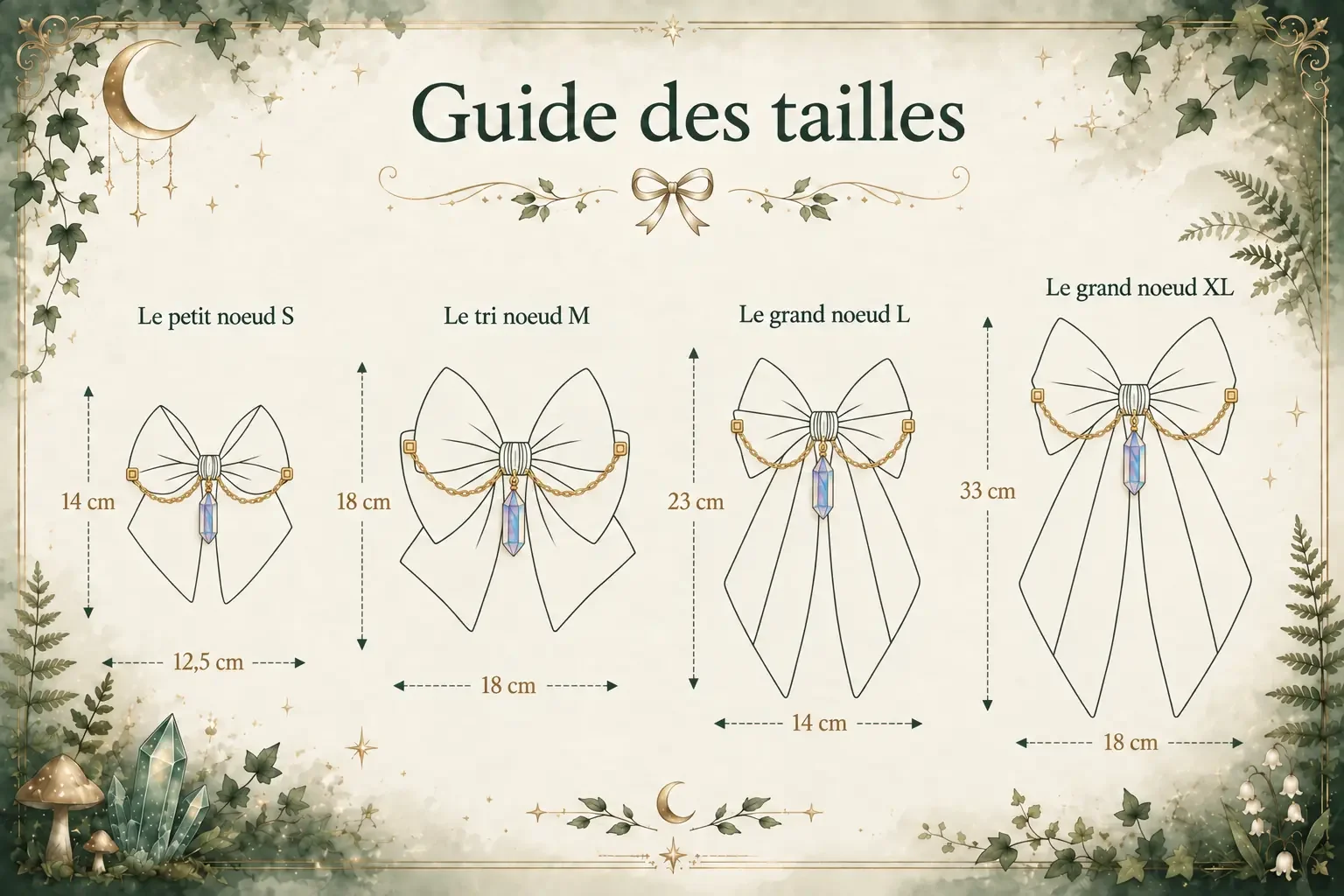Guide des tailles des nœuds bijoux pour cheveux faits main. Infographie comparant les modèles S, M, L et XL avec leurs dimensions.