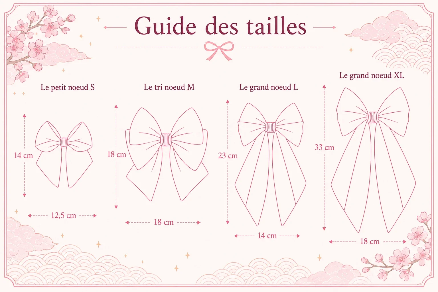 Guide des tailles des nœuds pour cheveux L'Unique-Orne : S 14x12,5 cm, M 18x18 cm, L 23x14 cm, XL 33x18 cm.