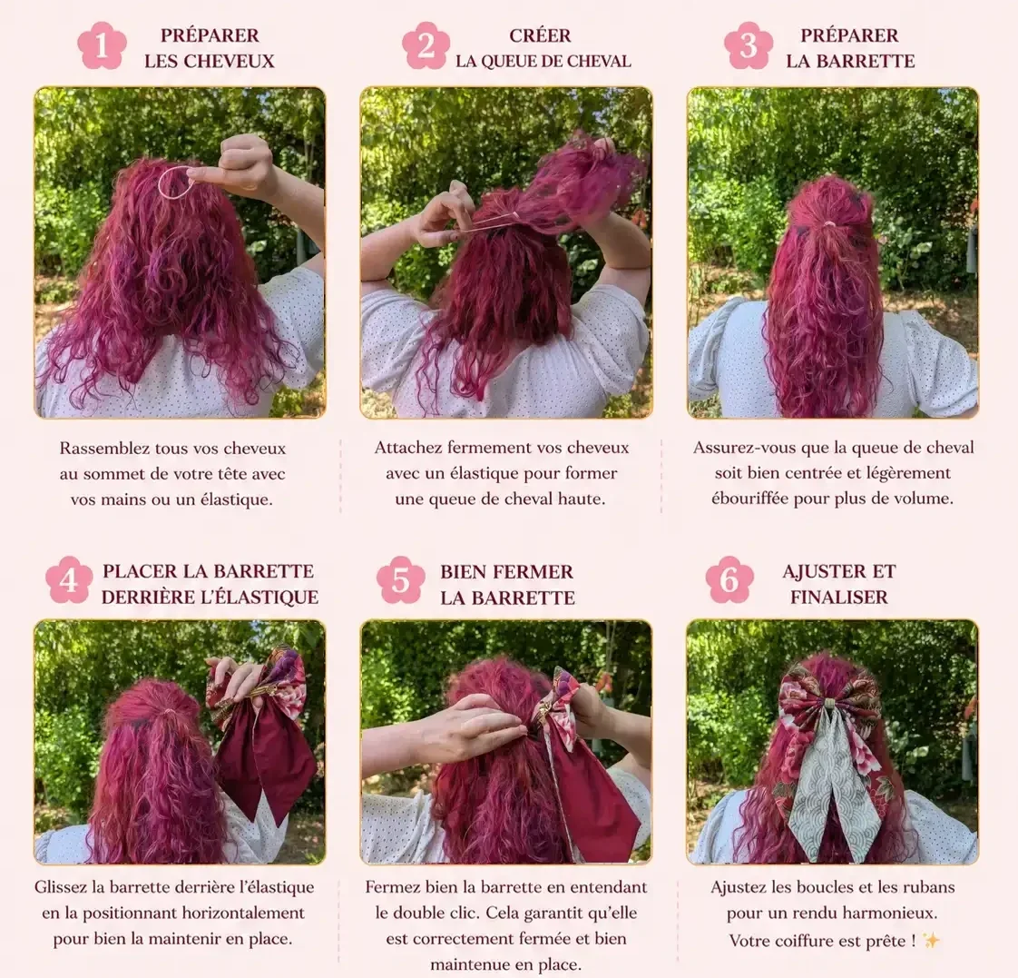 Tutoriel en 6 étapes pour positionner une barrette nœud sur une demi queue de cheval et bien la maintenir en place.