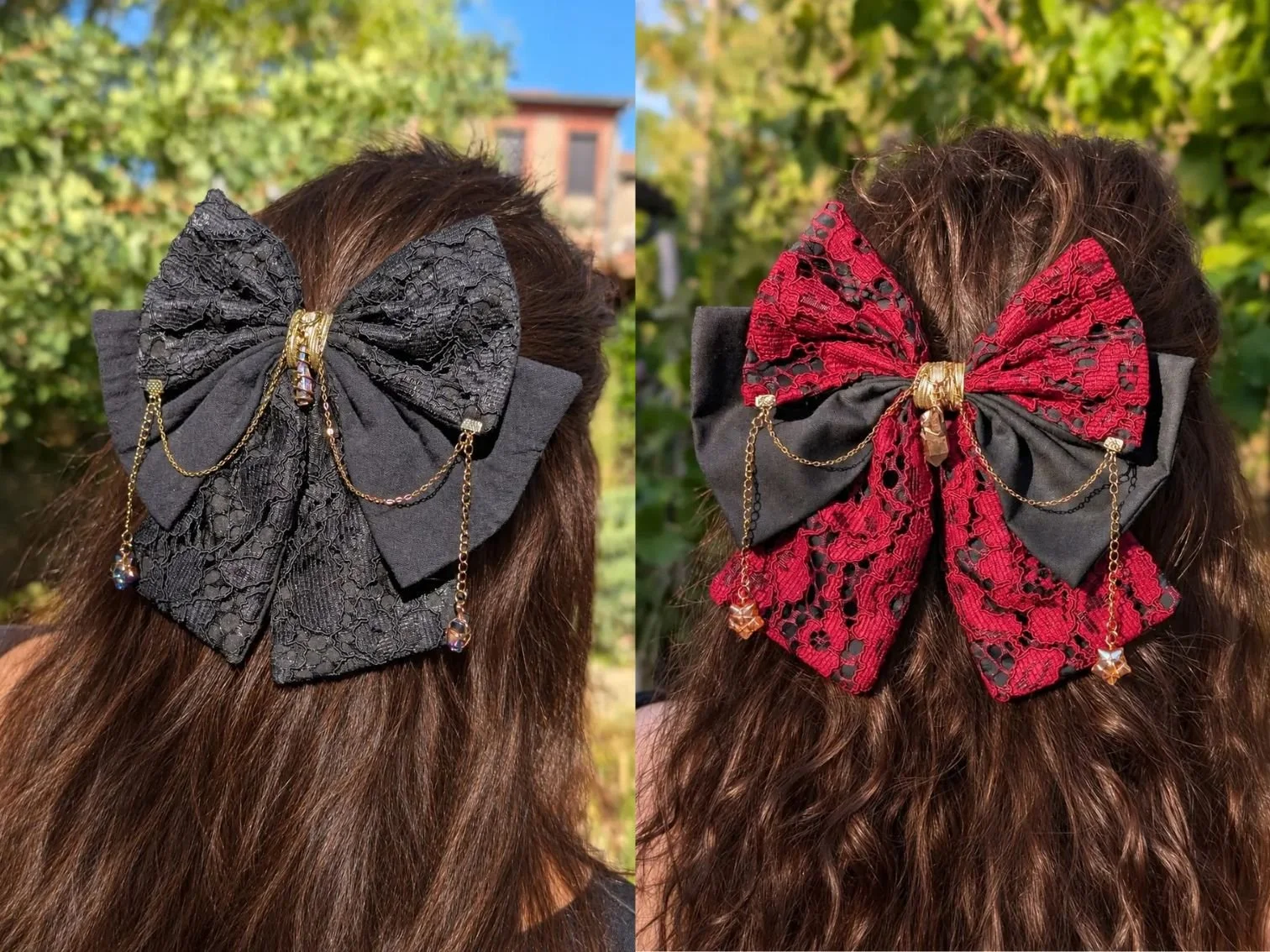 noeud bijou cheveux dentelle rouge et noir chaines cristal brun chocolat vue dos.