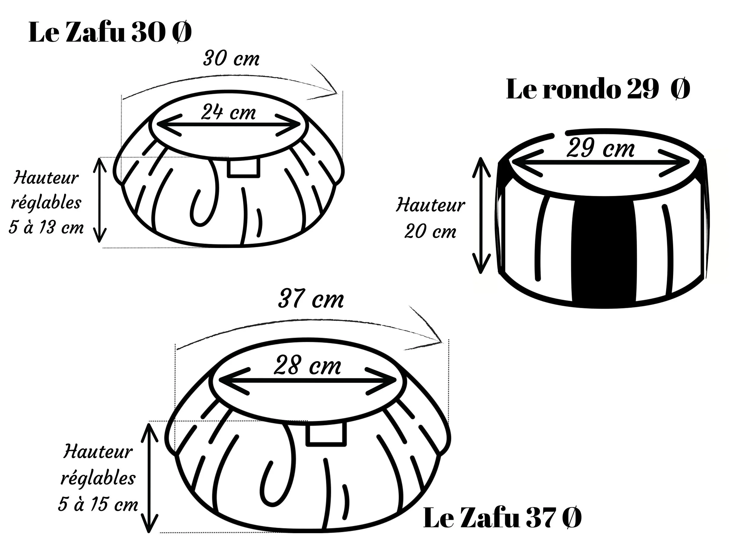 Schéma comparatif des trois formats : zafu de 30 cm avec une assise de 24 cm et une hauteur réglable de 5 à 13 cm ; zafu de 37 cm avec une assise de 28 cm et une hauteur réglable de 5 à 15 cm ; rondo de 29 cm de diamètre et 20 cm de hauteur.