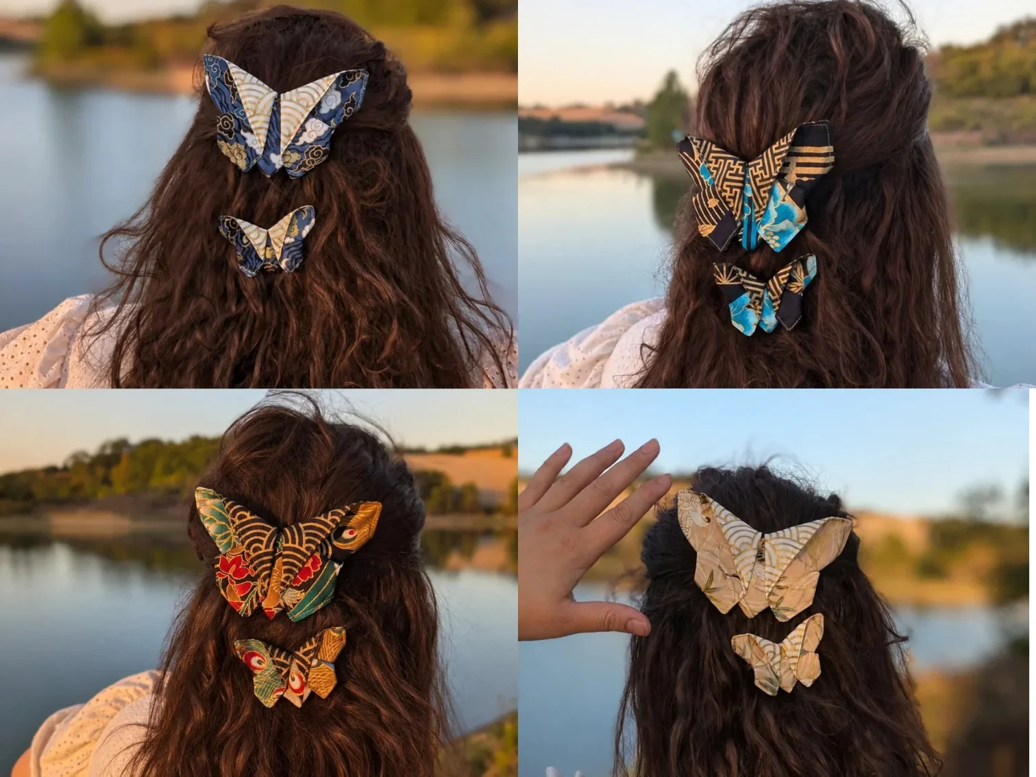 Collection de quatre barrettes papillon origami en tissu japonais grand et petit modèles.