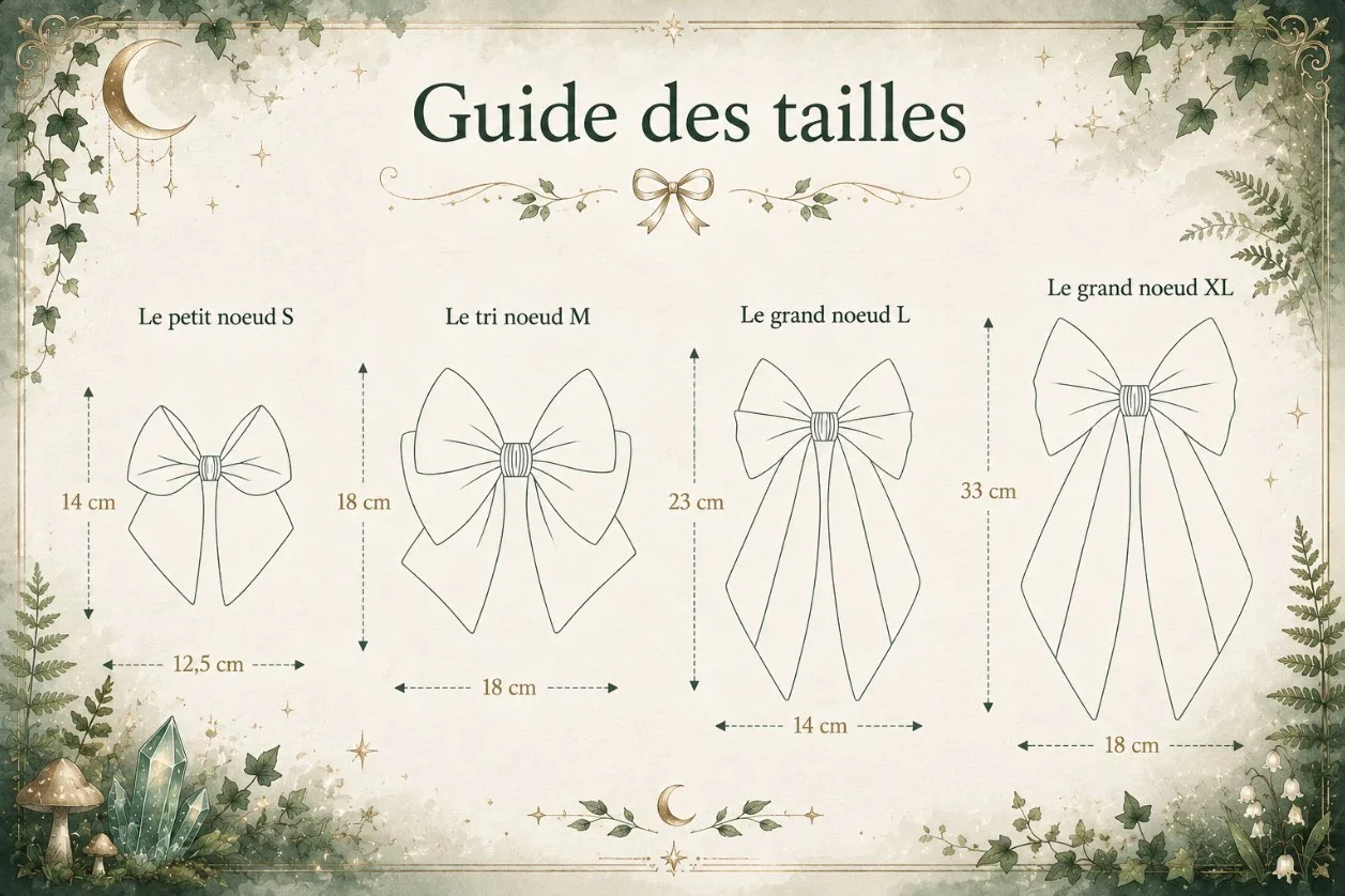 Guide des tailles des nœuds pour cheveux mycelia faits main en tissu féerique et fantastique. Infographie comparant les modèles S, M, L et XL avec leurs dimensions