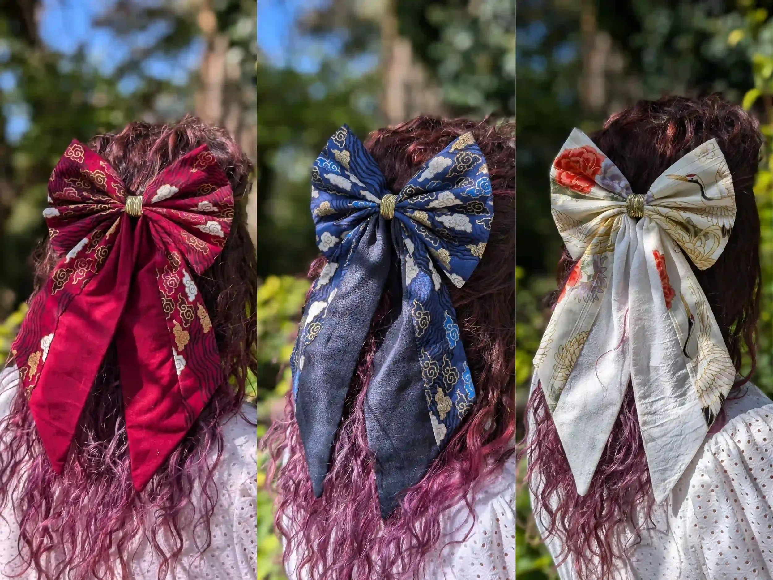 3 noeuds pour cheveux portés dans des cheveux aux tissus japonais un bleu un blanc et un rouge