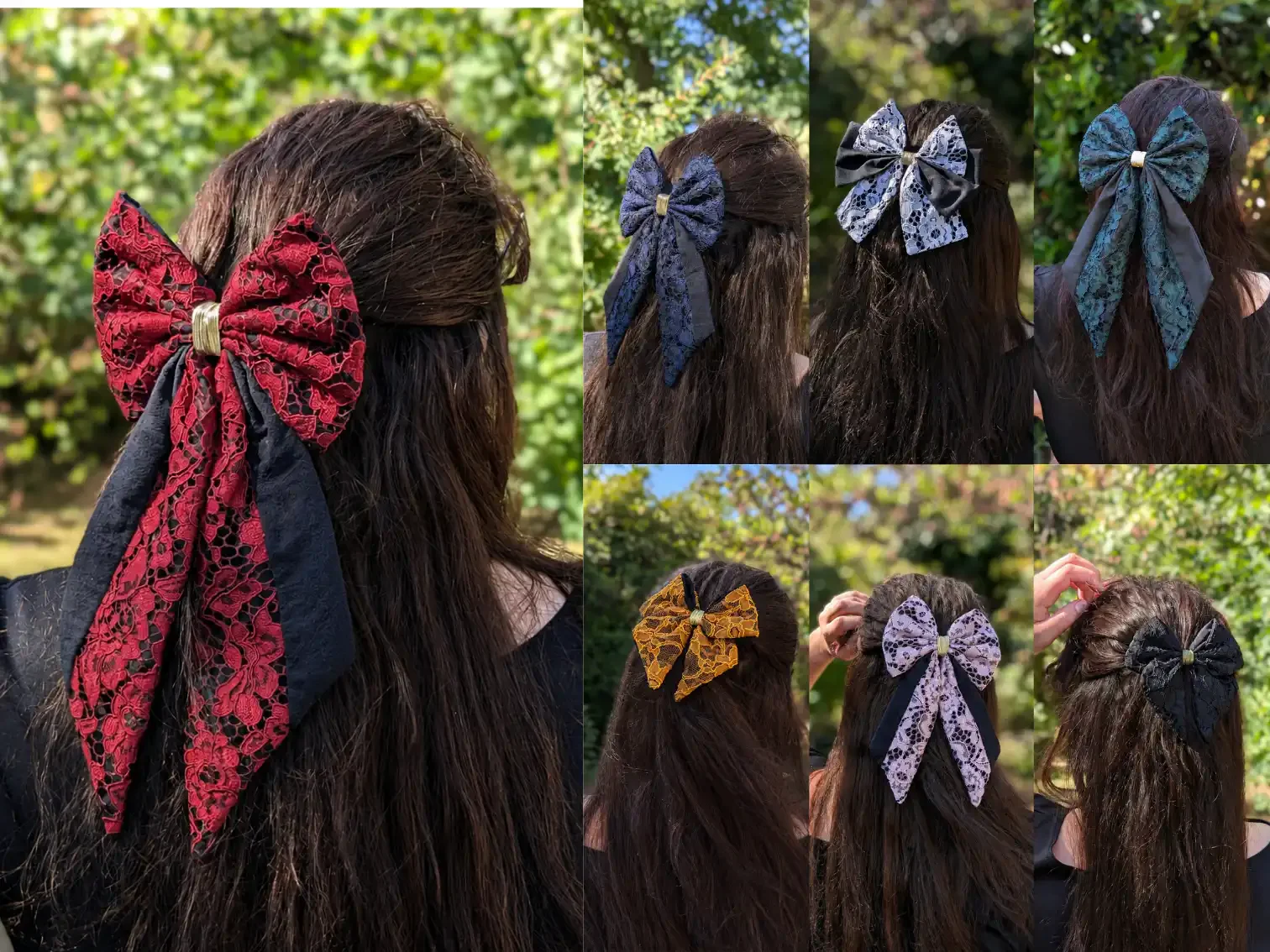 Collection de nœuds pour cheveux en dentelle déclinés en plusieurs coloris, portés sur différentes coiffures.