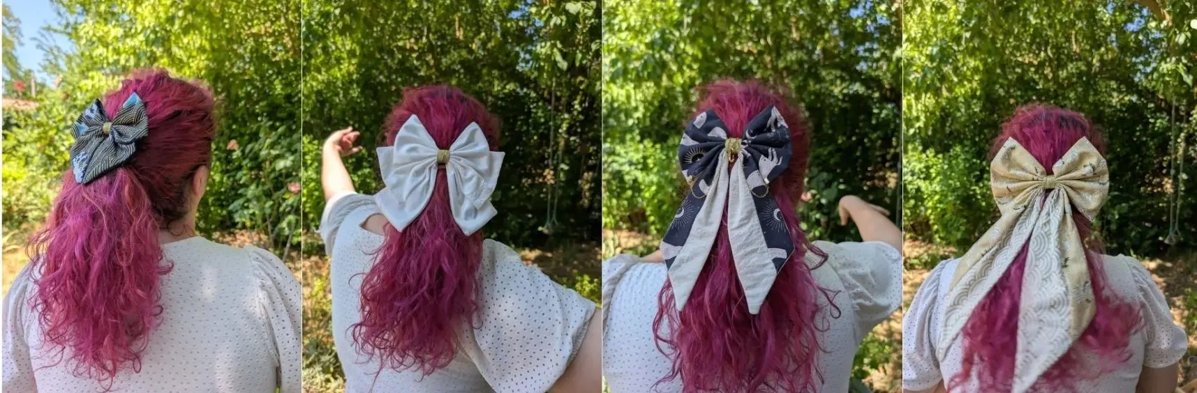 Exemples de nœuds pour cheveux portés, du petit modèle discret au grand nœud blanc et aux créations à longs rubans.