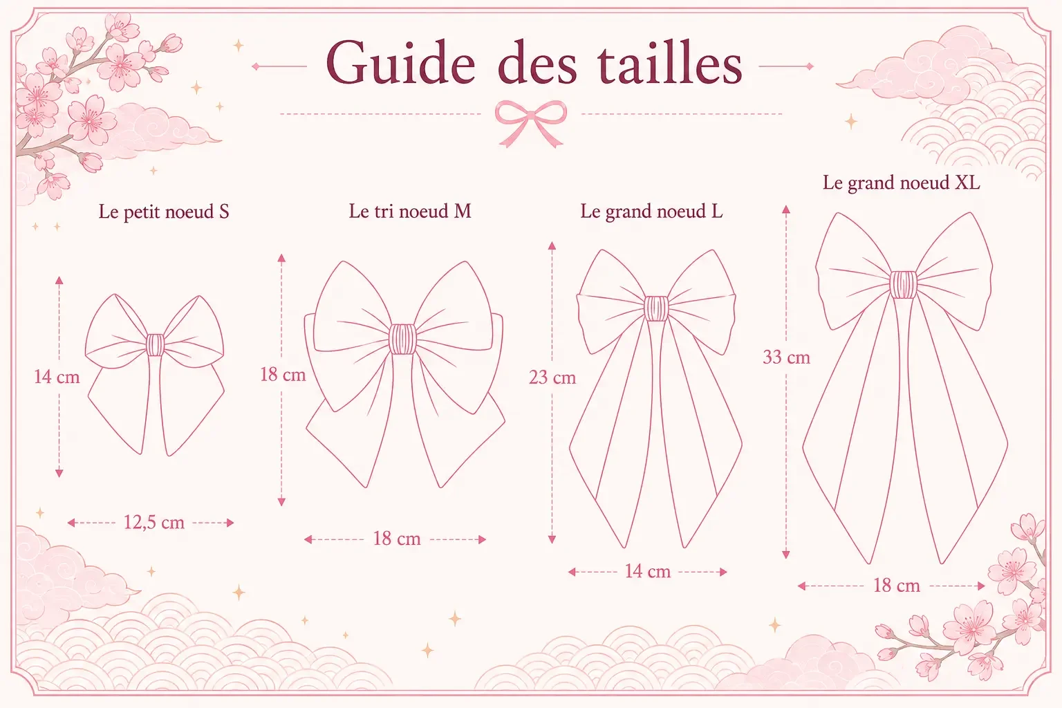 Guide des tailles de nœuds pour cheveux artisanaux L’Unique-Orne, du petit nœud discret au modèle XL.