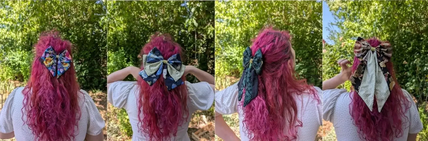 Comparatif de quatre tailles de nœuds pour cheveux portés sur cheveux longs, du petit modèle au grand nœud XL.