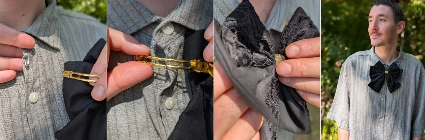 Étapes de fixation d’un nœud papillon artisanal noir sur une chemise, puis aperçu du nœud porté.