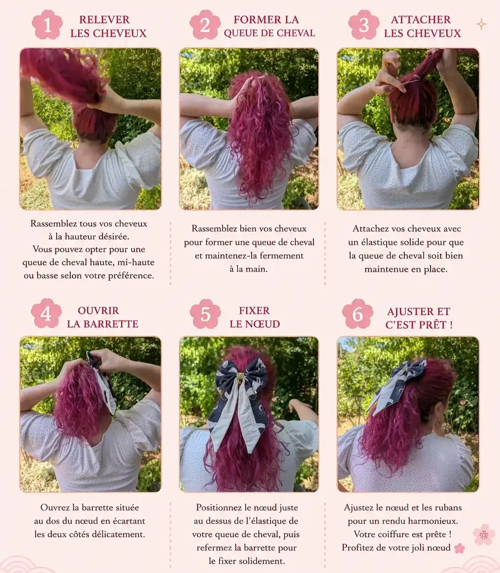 Tutoriel en 6 étapes montrant comment mettre et fixer une barrette nœud pour cheveux sur une queue de cheval.