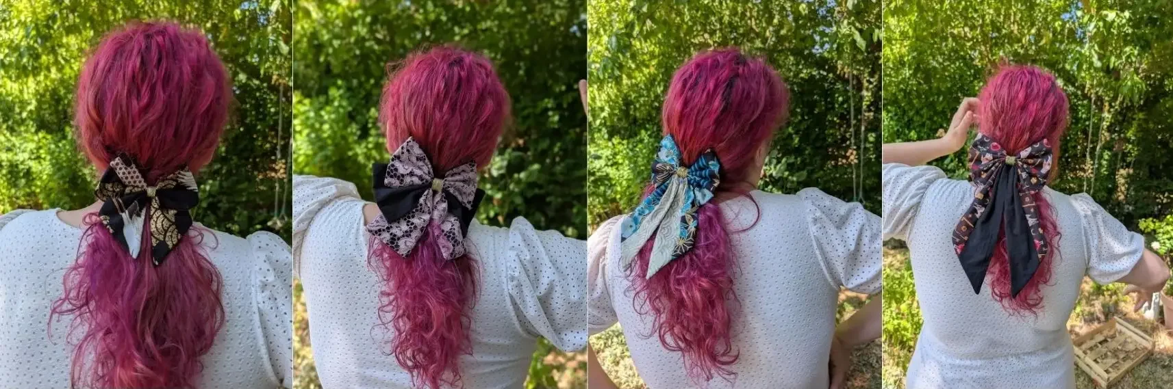 Quatre modèles de nœuds pour cheveux portés sur une queue de cheval, dans différents styles, tailles et motifs.