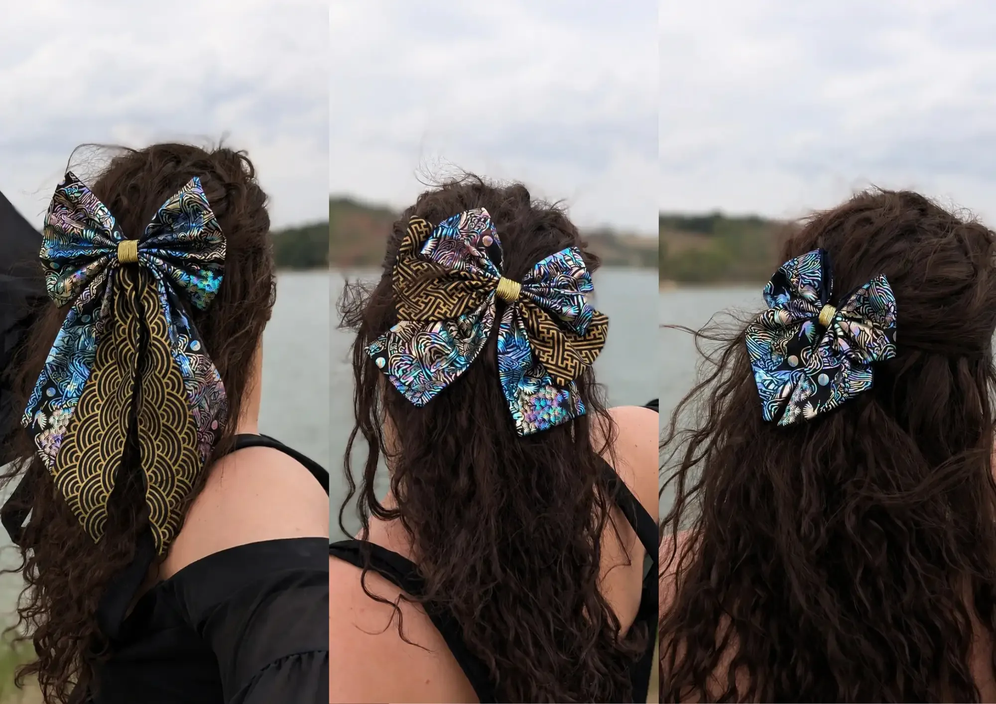 Nœud cheveux Irwol tissu coréen effet nacré soleil-lune-cinq pics, touche de tissu japonais seigaiha noir et doré, porté en semi-attache — trois tailles