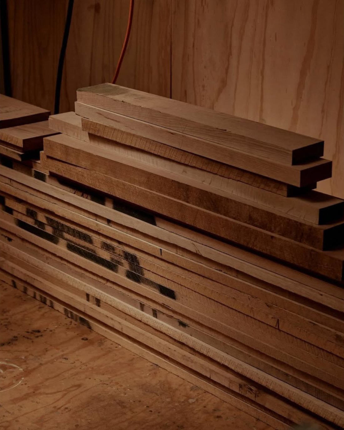 Stacked pieces of wood in By Daves workshop.