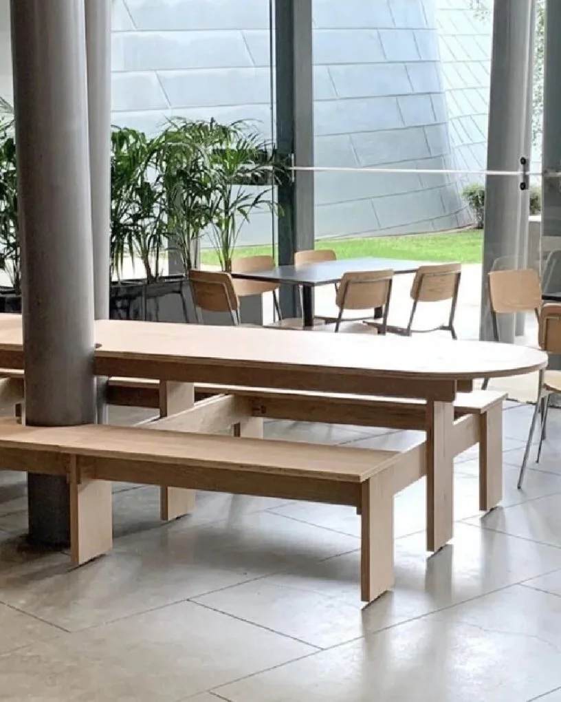 Melbourne Museum Cafe custom designed and made tables and benches.