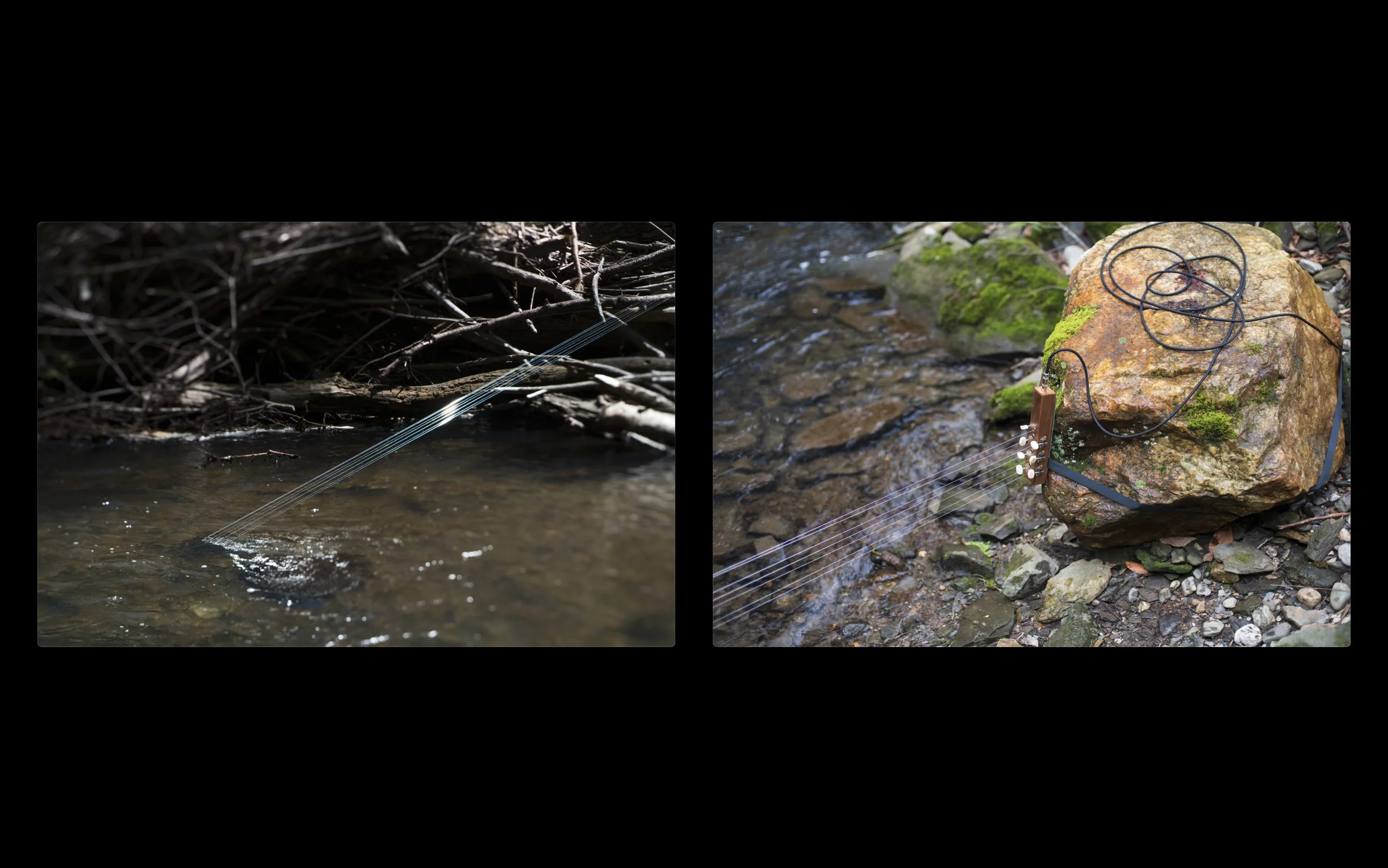 land harp, 2019, piano wire, walnut, tuning machines, piezo contact microphone, audio cable, dimensions variable
_
The Land Harp project involves a custom-built instrument which allows the landscape to produce sound compositions. With a form stemming