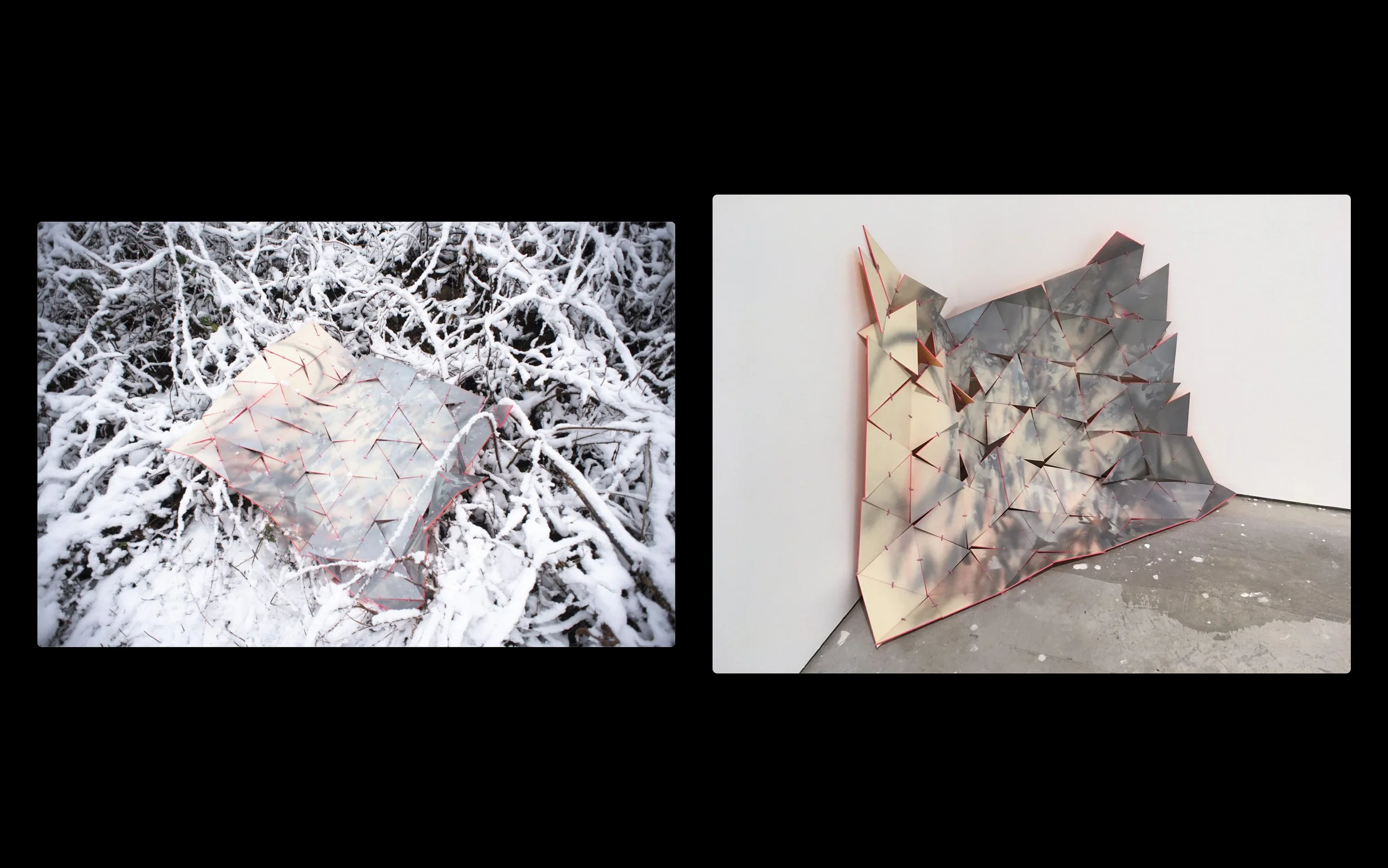 interface painting (graphite state no.2, ozark in snow), 2020, acrylic on panel with shock cord, 40x48”
_
Left: The Interface Painting object in the environment
_
Right: The Interface Painting object in a gallery installation
