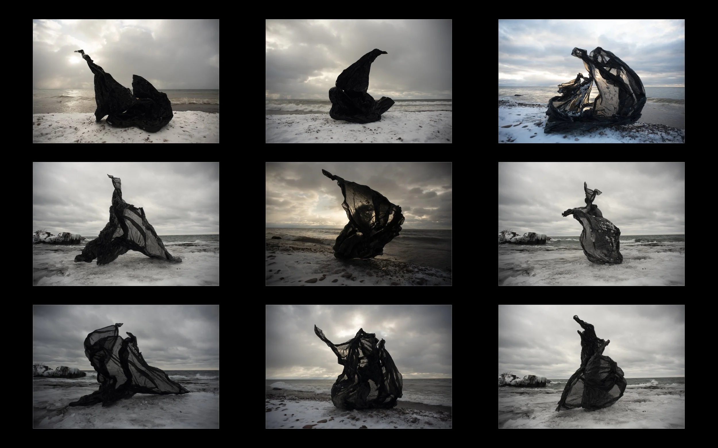 freeze casting (black suite), 2020, temporary frozen fabric sculpture, dimensions variable
_