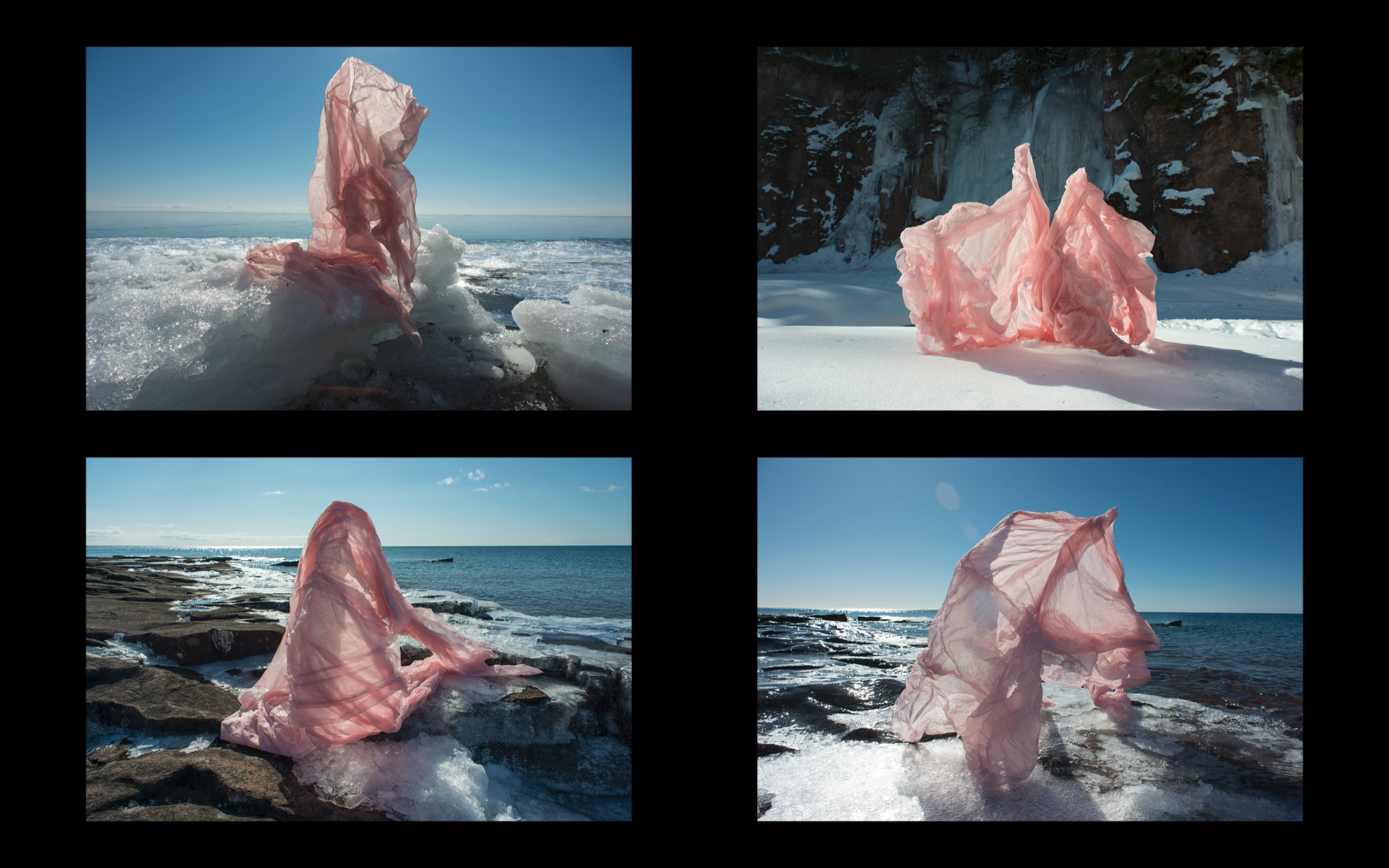 Freeze Casting (pink set), documentation of temporary frozen fabric, 20x30" each framed