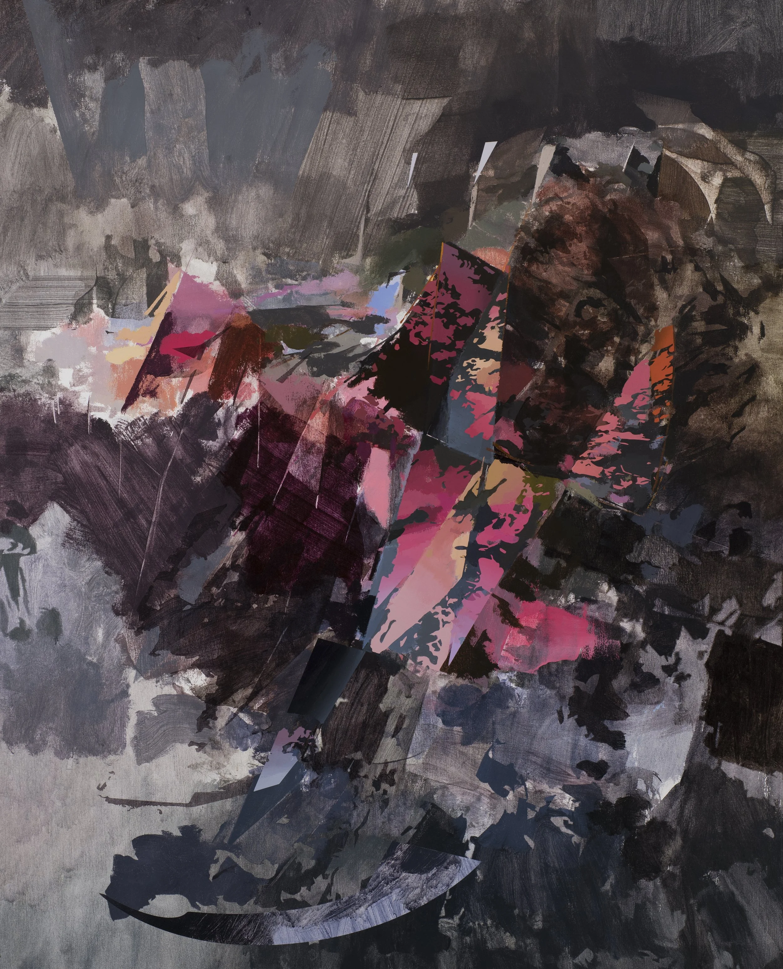 after interface painting, 2021, oil and acrylic on canvas, 48x60”
_
Perceptually-based painting observing the Interface Painting, a responsive segmented object of acrylic, panel and shock cord, shown as the next image. The process involves layering o