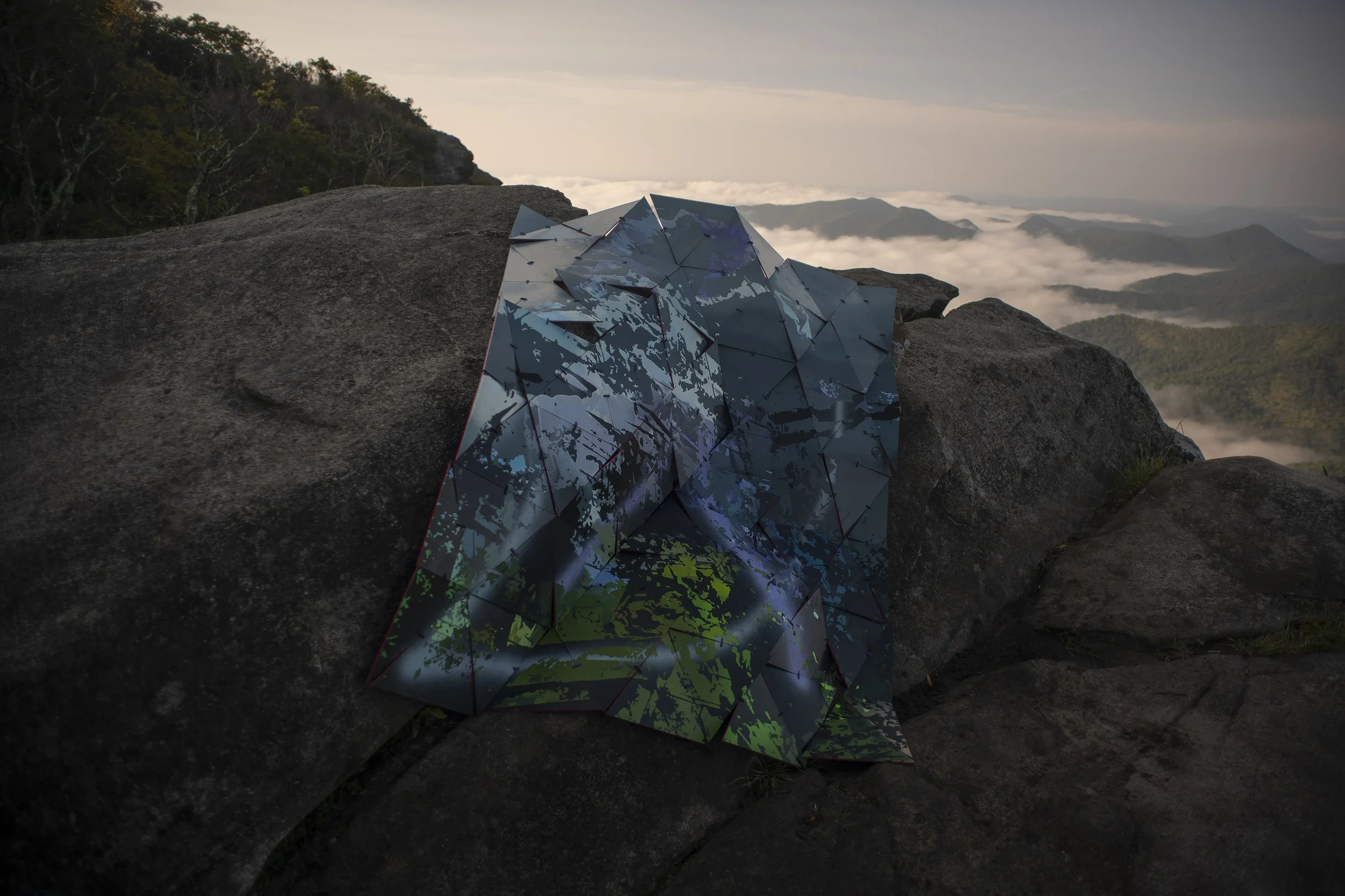 interface painting (green state no.2, above cloud line with morning light, blue ridge mountains, nc), 2021, acrylic on panel with shock cord, 40x56”