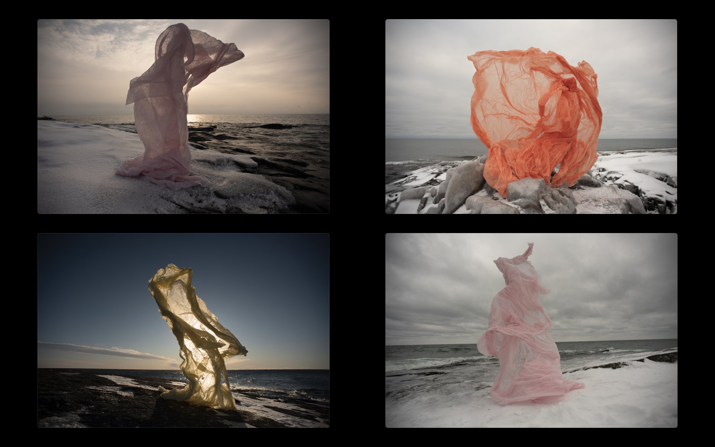 freeze casting set (grand marais, mn), 2020, temporary frozen fabric sculpture, dimensions variable
_
Inspired by the drawing or painting idea of a volumetric gestural sketch, fleeting sculptural forms are created by freezing fabric while wrapped aro