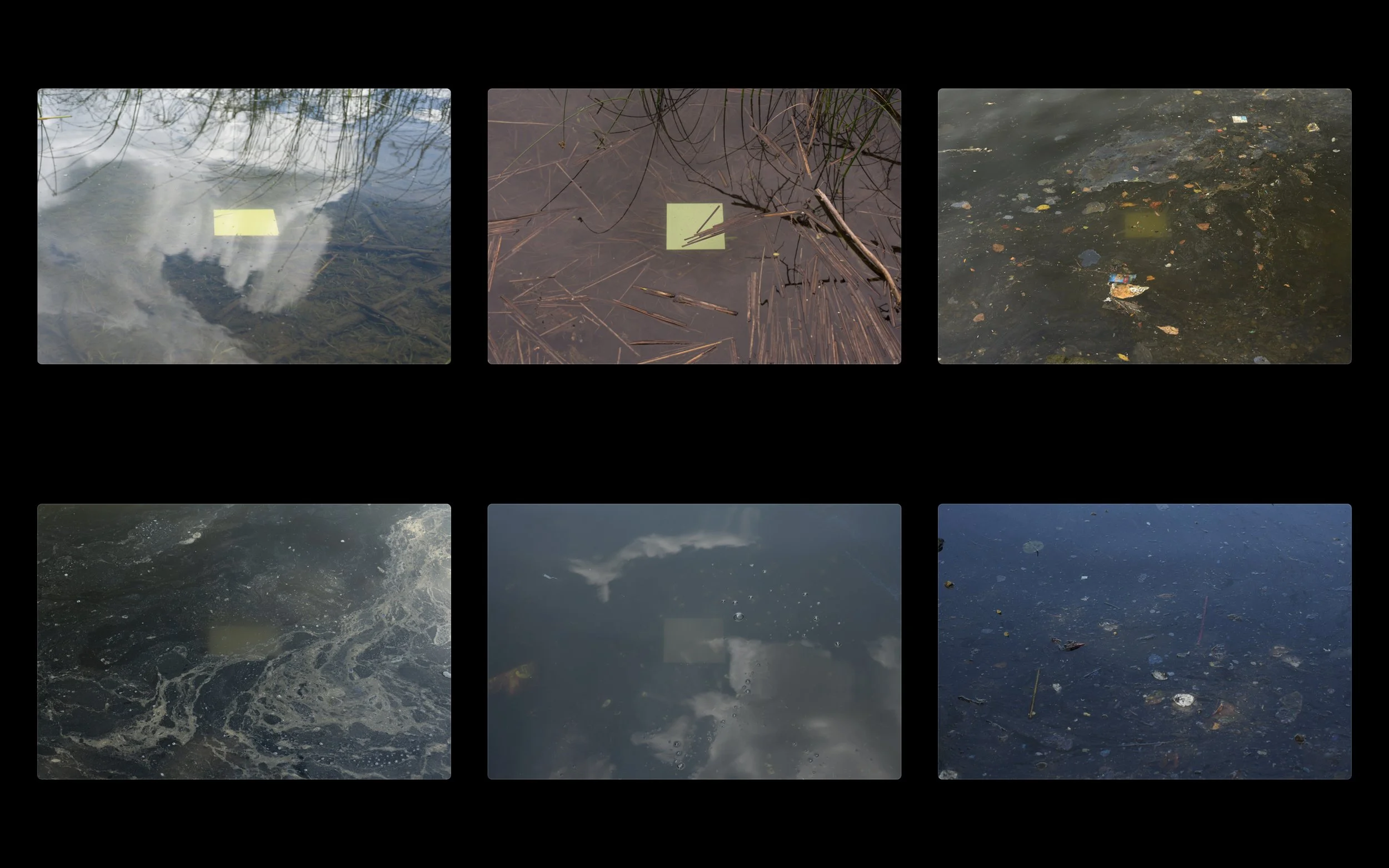 color studies (new town creek, new york city, ny), 2019, acrylic on aluminum, 10x10” each
_
Originating from the desire to explore the effects of water on color, this project begins by creating a color-field painting which is then submerged under wat