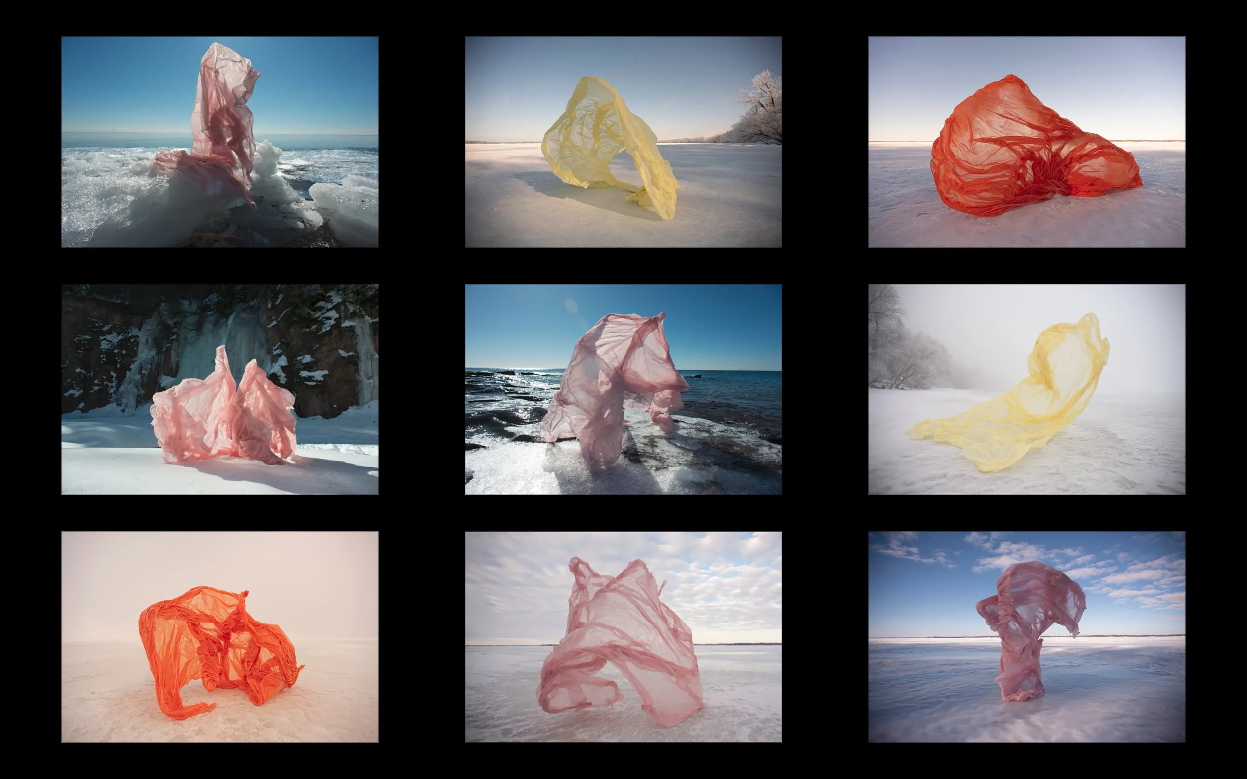 freeze casting set, 2019, temporary frozen fabric sculpture, dimensions variable
_
Inspired by the drawing or painting idea of a volumetric gestural sketch, fleeting sculptural forms are created by freezing fabric while wrapped around elements in the