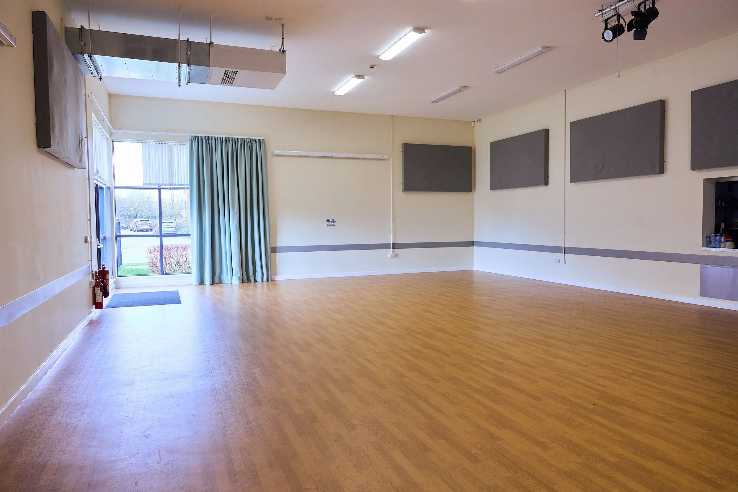 Empty room with wooden floor, beige walls, and ceiling lights. Has a large window with green curtains, and a door leading outside. Contains dark gray acoustic panels on the walls and a corner counter with supplies.
