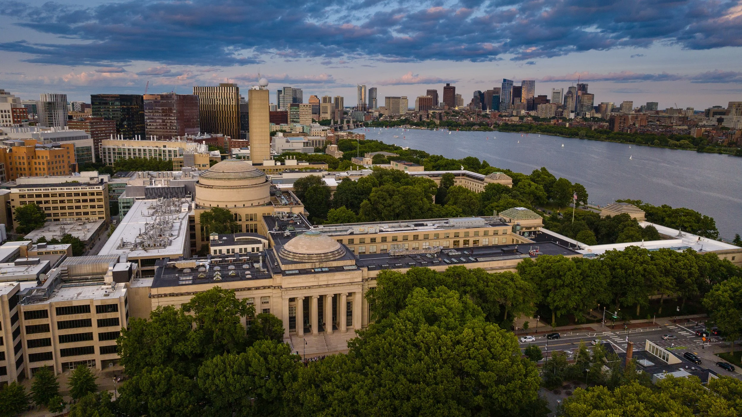 MIT campus at dusk captured by drone. Photo: Emily Dahl, Principal Point Photography