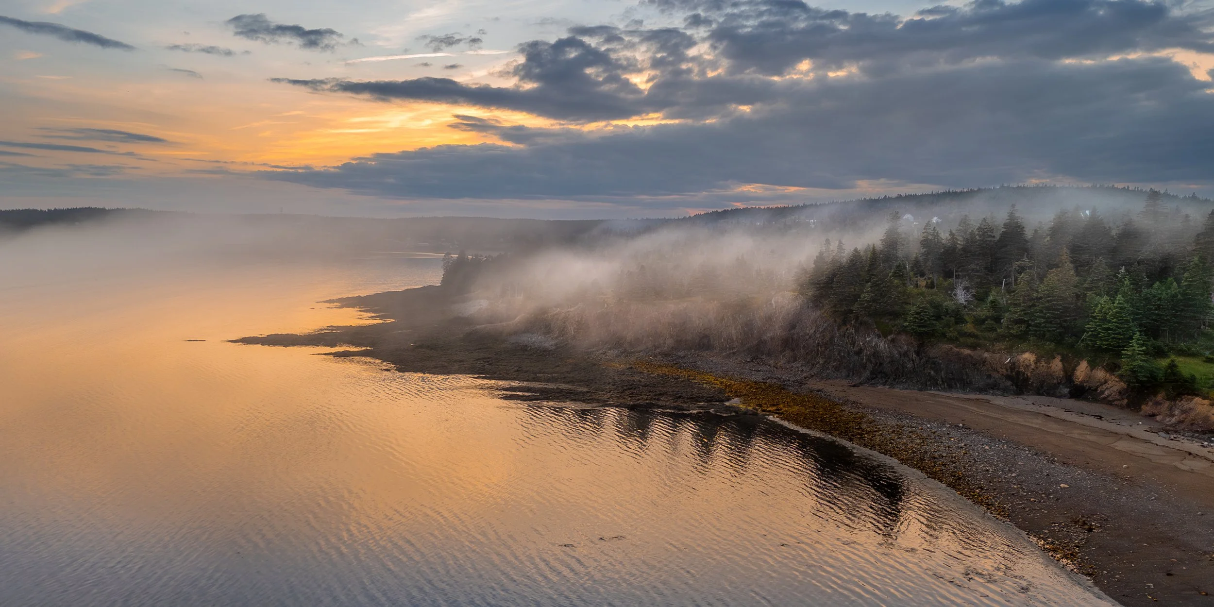 Misty sunset with evergreen trees, beach, and glowing water over Seal Cove on Grand Manan Island in New Brunswick, Canada