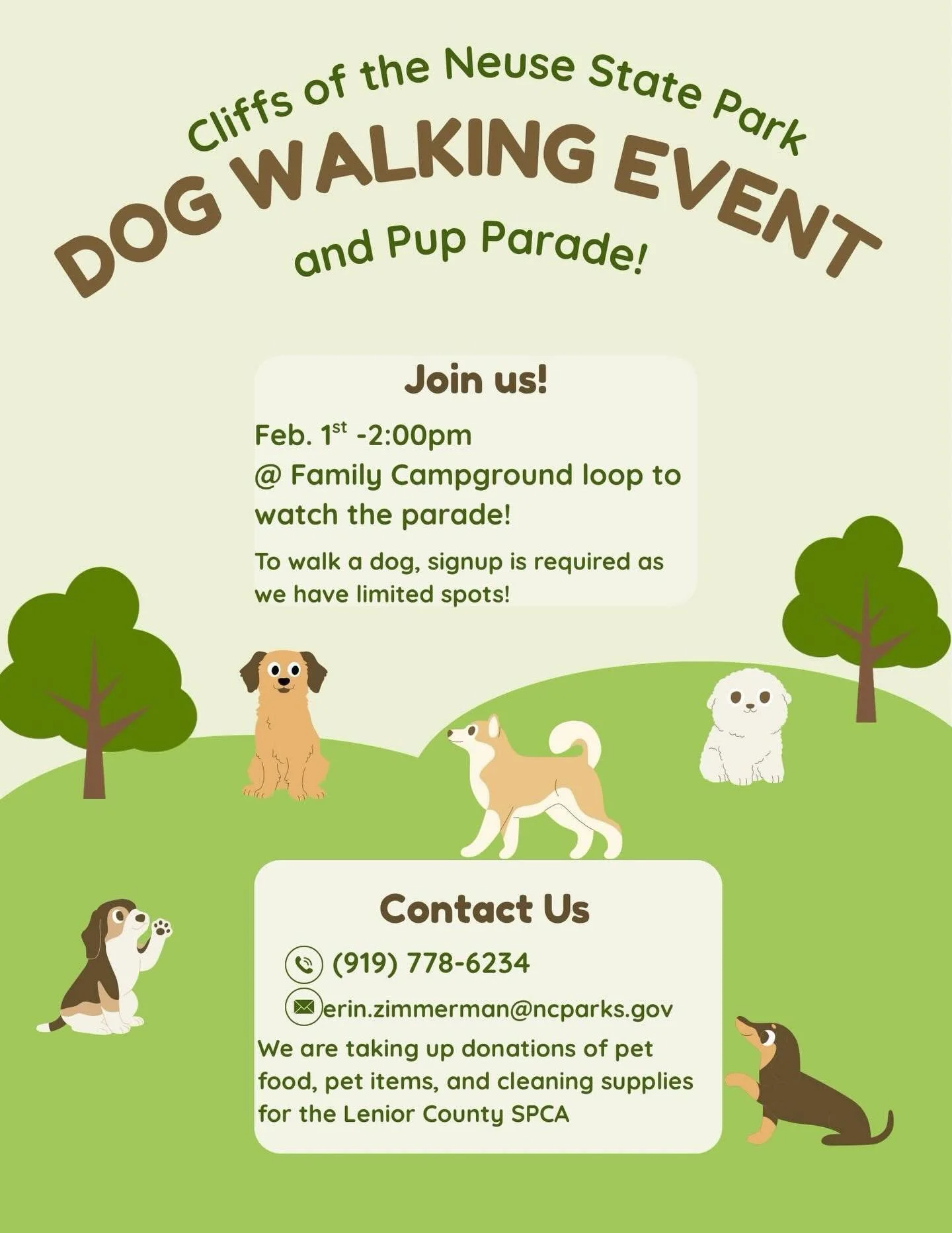 We are so excited for this new partnership with the Cliff&rsquo;s of the Neuse!!!! On February 1st we will be taking some of our adult dogs on a nature hike and proudly parading them around!  If you would like to volunteer to walk a dog, please pm us