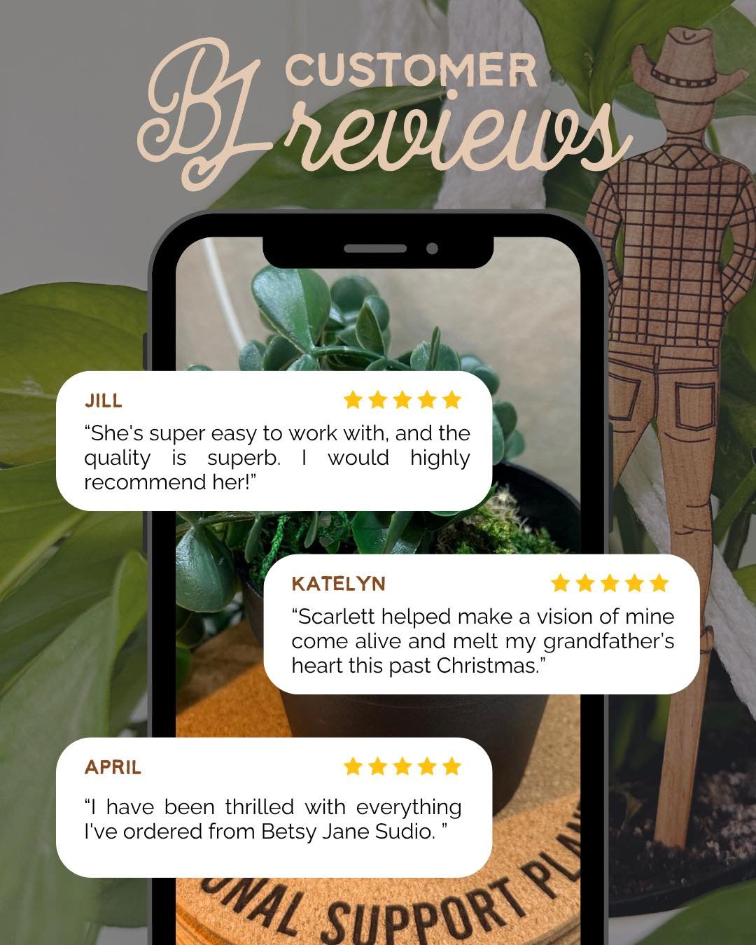 Nothing makes us happier than hearing from our customers! 

Every order from Betsy Jane Studio is created with care, so seeing your kind words and knowing our laser made goods have found a special place in your life means so much.

Thank you to every
