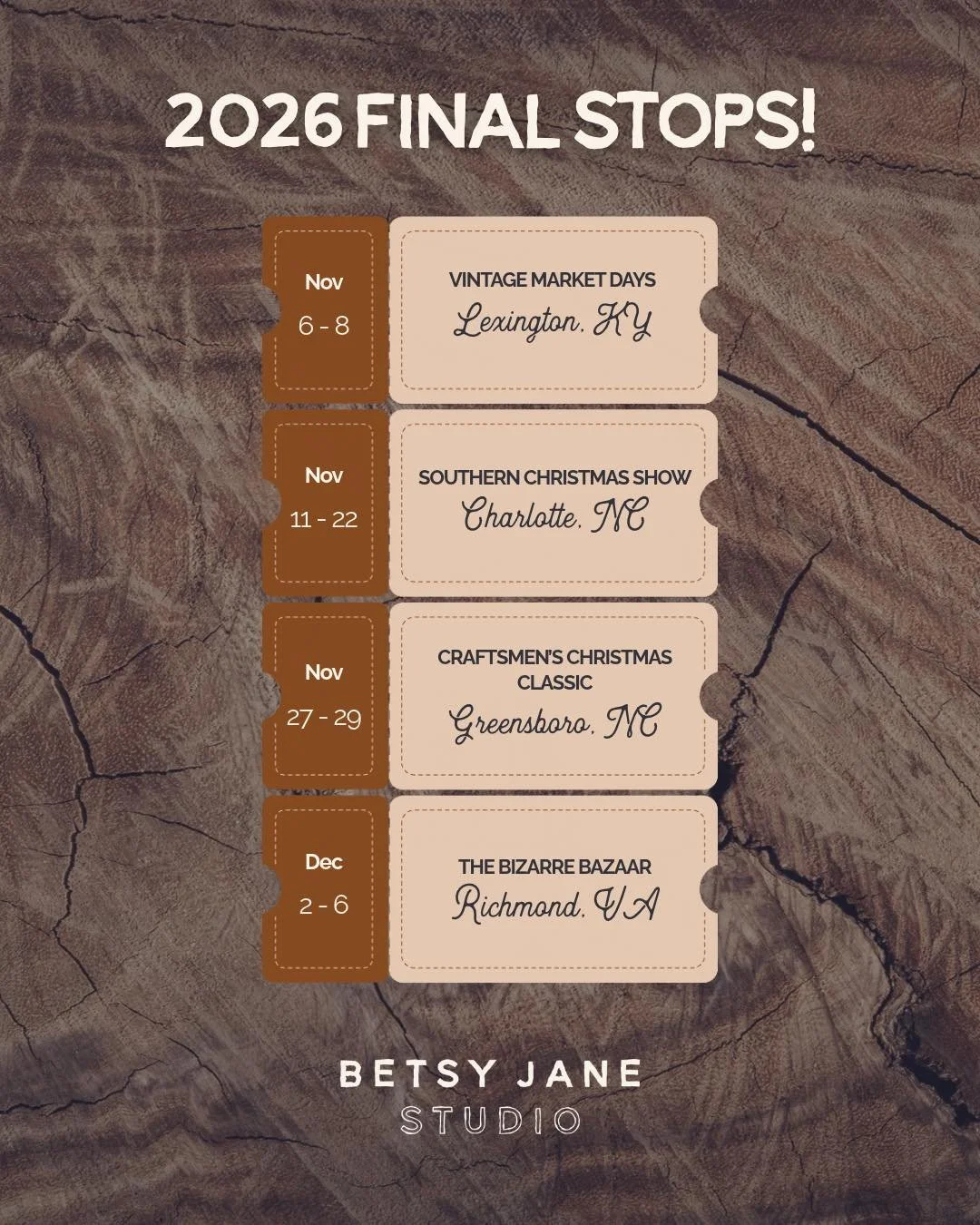 Betsy Jane Studio Final Stops of 2026!

We're hitting the road for a few more stops before the year ends, and we'd love to see you along the way!

Come shop our laser made goods in person, get a head start on your holiday shopping, and say hello! 

V