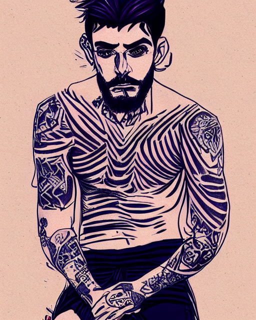 2422514139_Portrait_of_a_handsome_man_with_tattoos_sitting_draped_in_striped_fabric_by_Alessandro_Tomassetti_trending_on_artstation_HQ.png