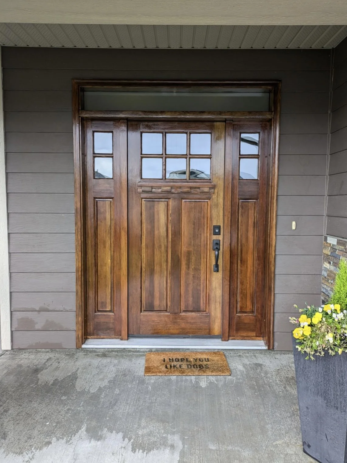 refinished-craftsman-wood-front-door-with-sidelights-on-vernon-bc-home
