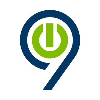 Logo featuring a green power button symbol inside a blue circle, with a stylized number 9 integrated into the design.