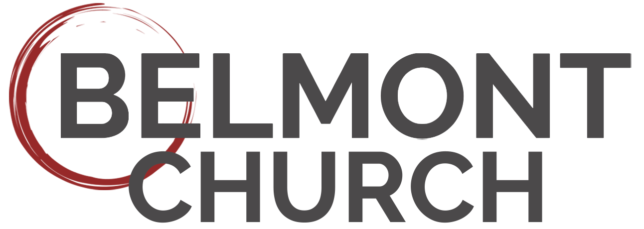 Belmont Church logo with black text and a red circular brushstroke.