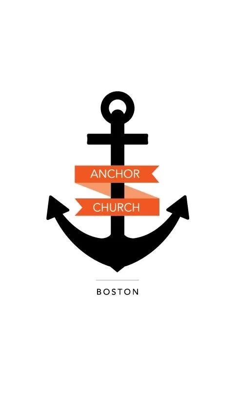 A black anchor with orange banners across its middle reading 'Anchor' and 'Church'. The word 'Boston' is written below in black.