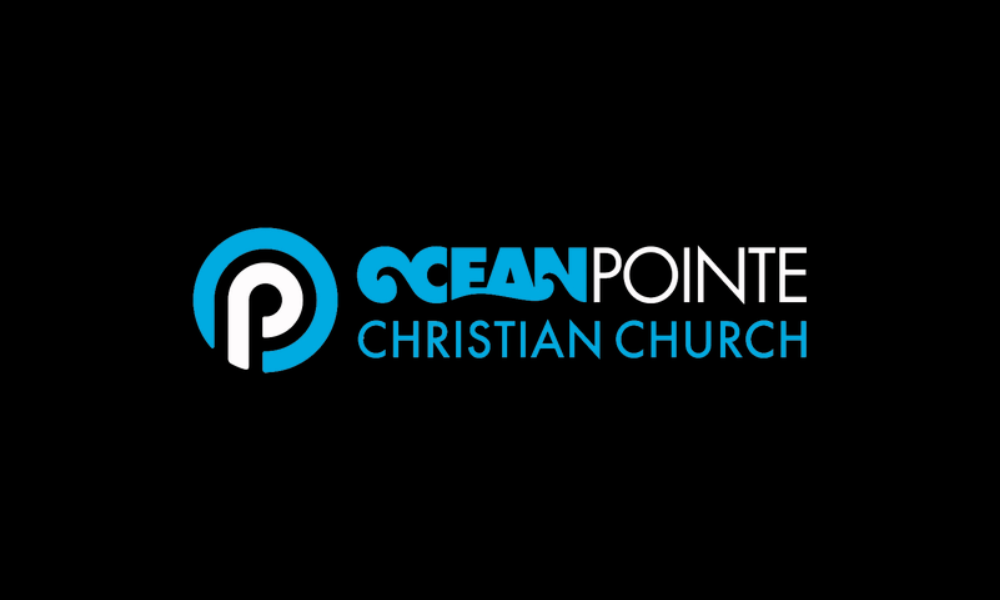 Logo of Ocean Pointe Christian Church featuring a stylized wave and the church's name in blue and white text on a black background.