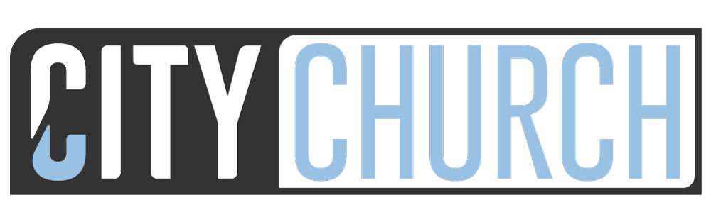 Logo for City Church with the words 'CITY' in white and 'CHURCH' in blue on a black background