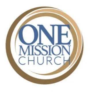 Logo of One Mission Church with blue text and gold circular design.