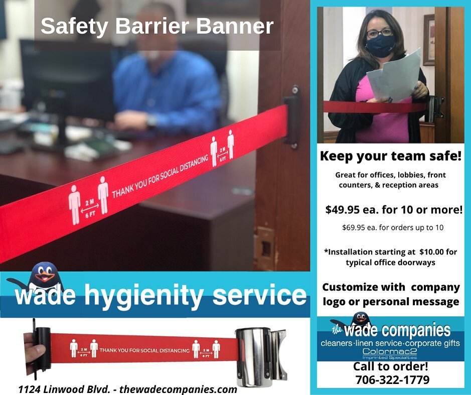 Need a little help keeping the office safe and organized? Wade's new Safety Barrier Banner should do the trick! This safety banner is great for reminding people in the office that social distancing is still important! customize with your company logo