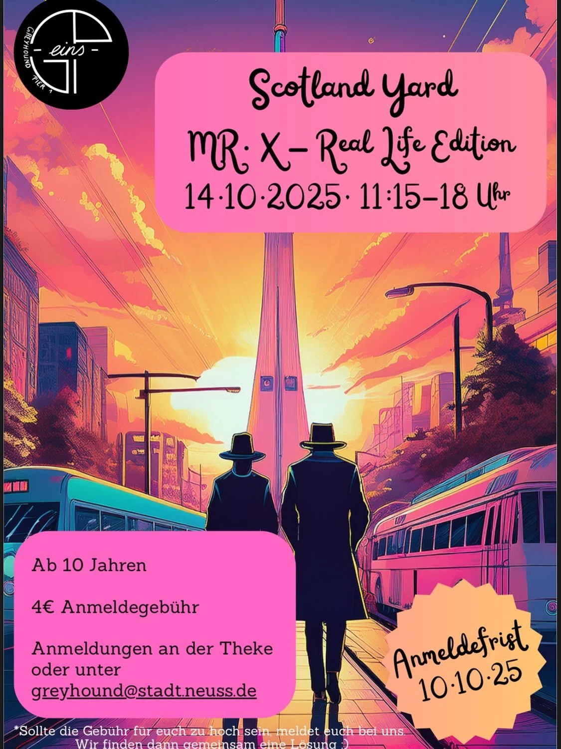 🌟 Ferienprogramm im Jugendzentrum! 🌟
Mach mit bei unseren coolen Aktionen &ndash; ob kreativ, sportlich oder einfach zum Chillen.
 
1.  Ferienwoche
📅 Di, 14.10. | 11:15&ndash;18:00 Uhr
🕵️&zwj;♂️ Scotland Yard &ndash; Real Life Edition
Werde Detek
